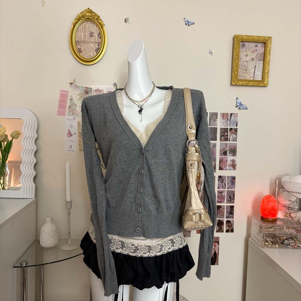 Mossimo Y2K 2000s Heather Gray V-Neck Button Front Cardigan Sweater Women Medium